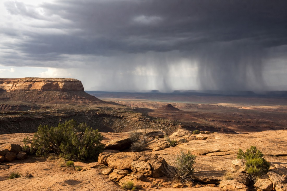 A dark summer monsoon cell dropping rain over distant mesas while the foreground stays sunlit