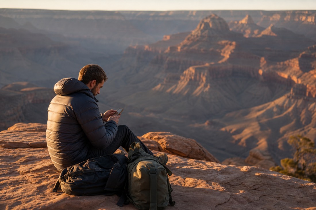 A traveler reading tour details on a phone beside packed bags in warm evening light