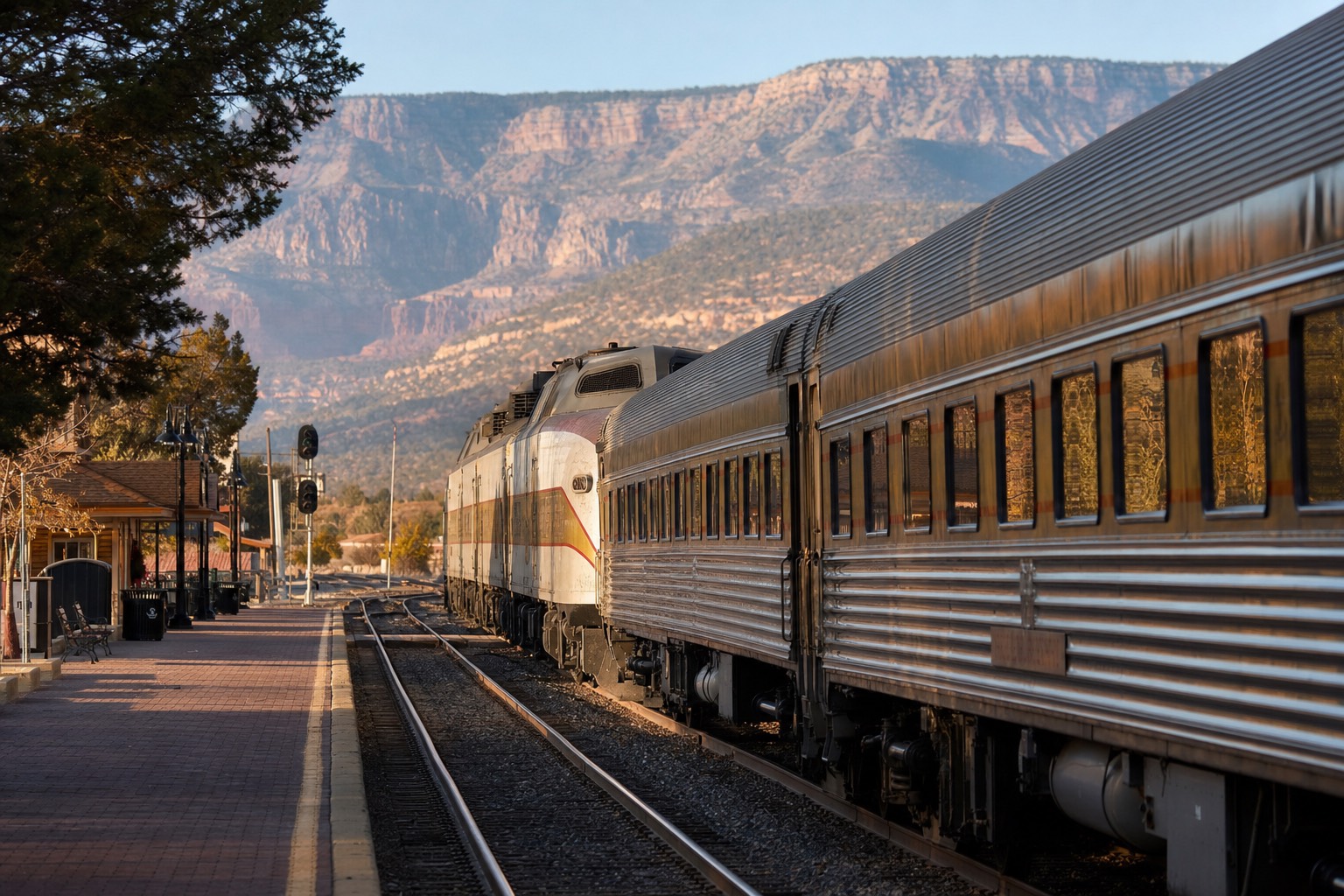 The Grand Canyon Railway train waiting at the Williams depot in morning light, passengers boarding vintage carriages