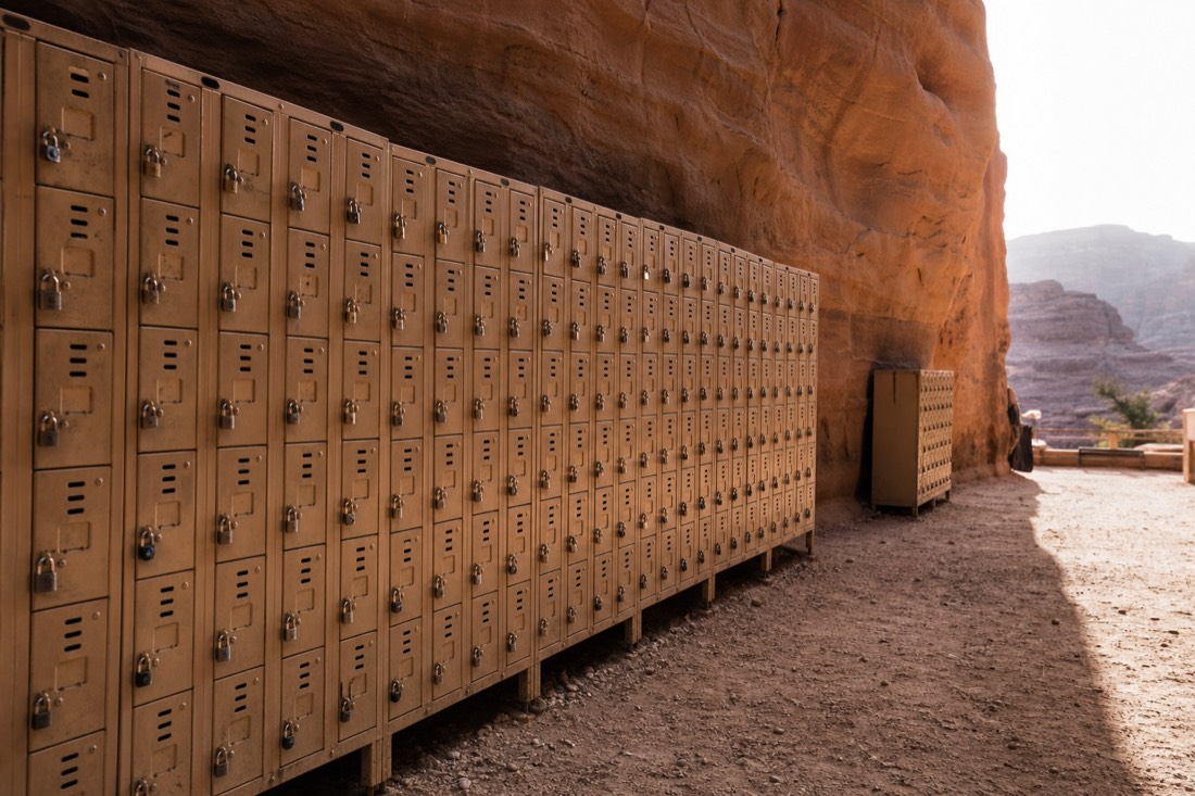 Rows of small metal lockers near a canyon attraction entrance, the kind visitors once used to store phones and cameras