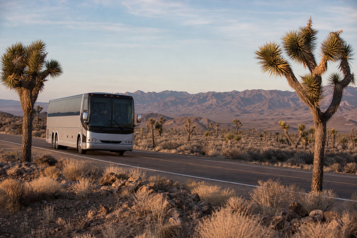A tour coach rolling through the Joshua tree desert between Las Vegas and Grand Canyon West at morning