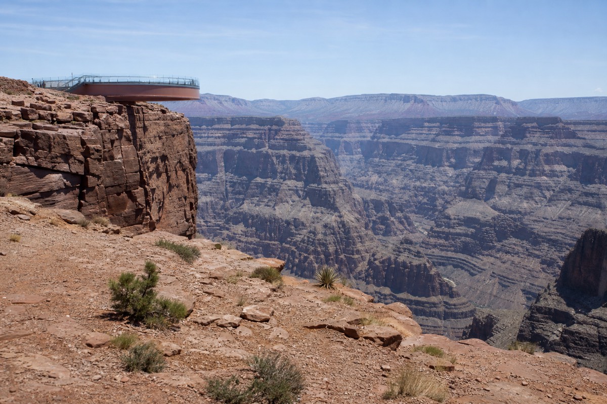 The glass horseshoe walkway at Grand Canyon West curving out over the canyon edge on Hualapai land