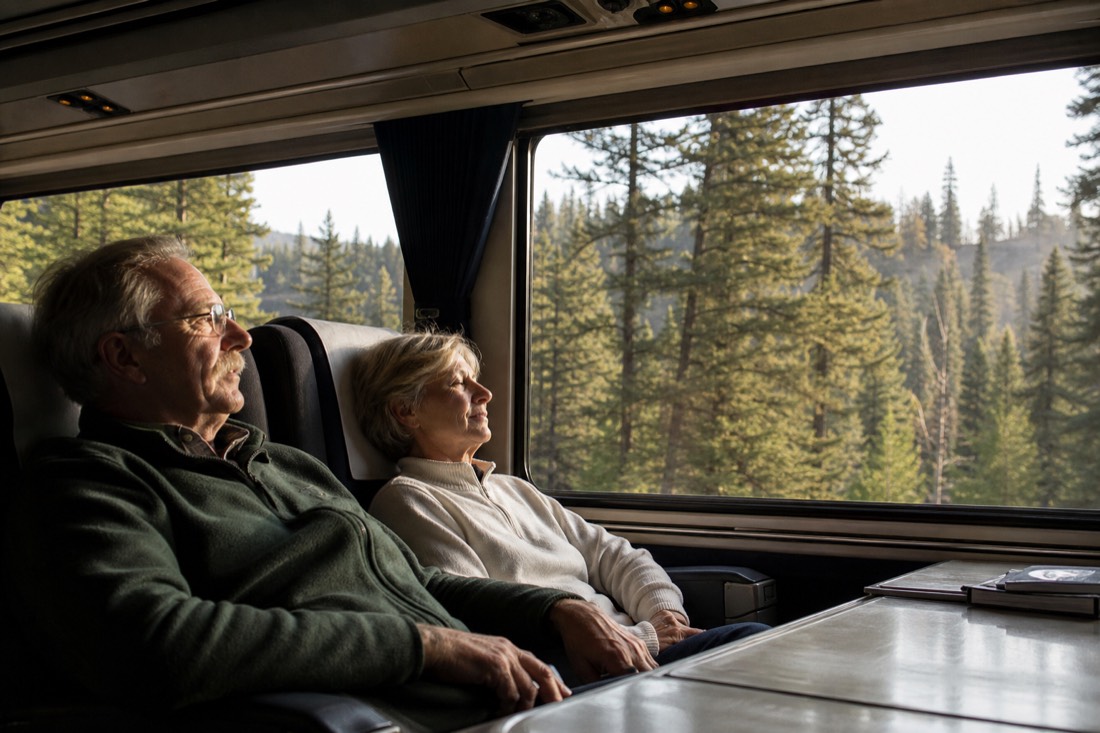 Older travelers relaxing in wide train seats with pine forest passing the window