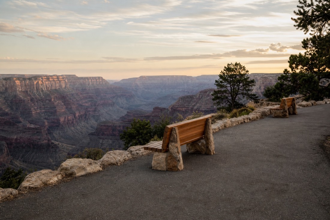 A flat paved rim path with benches facing the vast layered canyon in soft evening light