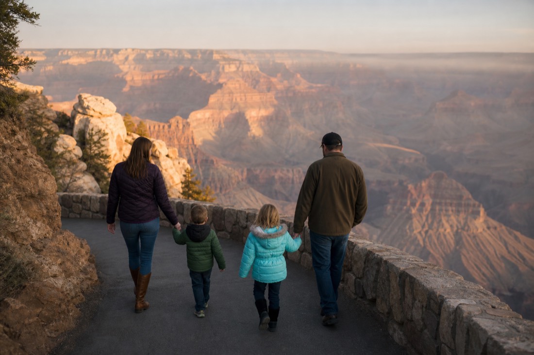 Parents and two young children walking a paved rim path with the canyon opening wide beyond a low stone wall