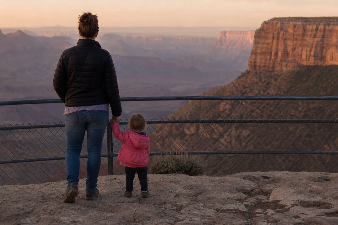 A parent holding a toddler's hand at a railed canyon overlook with the drop safely behind the barrier