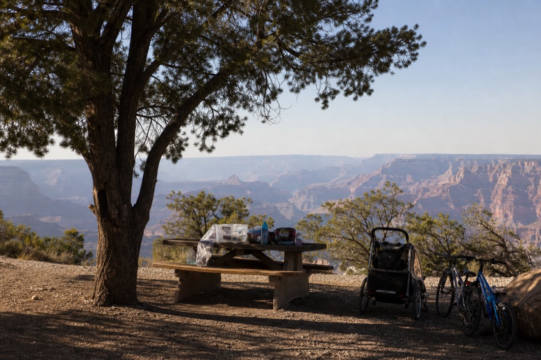 Family picnic at a shaded table near the rim with bikes and a stroller parked beside the pines
