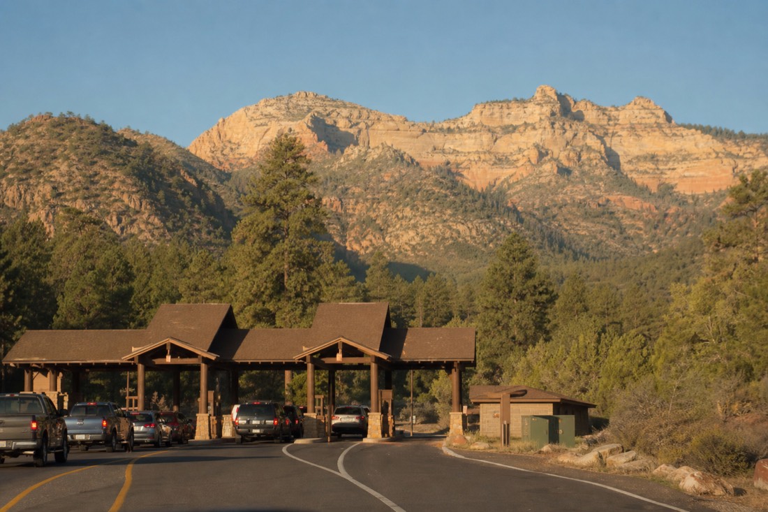 Entrance station kiosks at a pine-ringed national park gate with cars queued under a clear morning sky